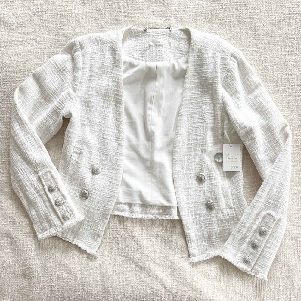 ecru White Textured Tweed Blazer